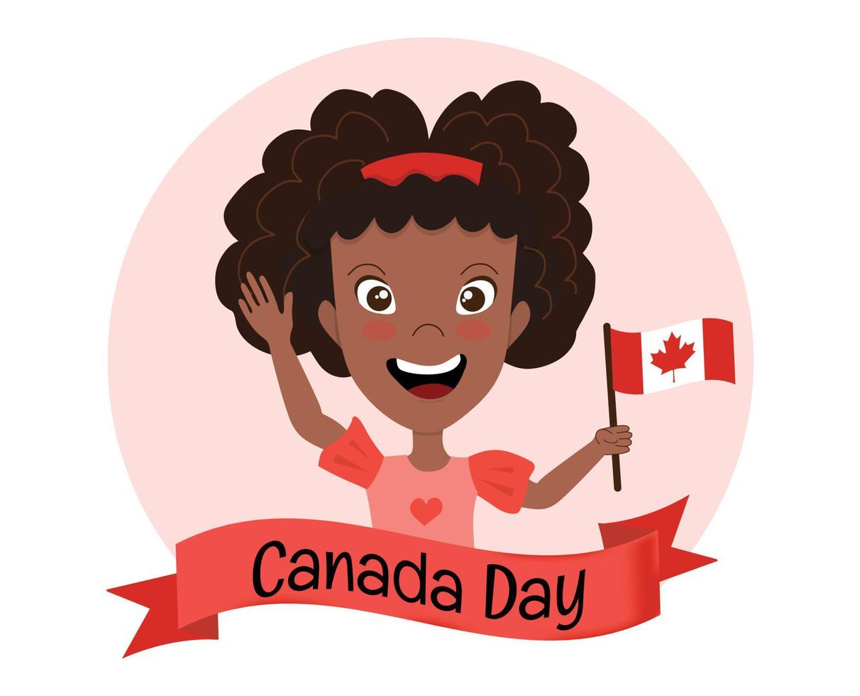 felice giovane donna canadese africana nera con le mani alzate che tengono la bandiera canadese. personaggio che celebra il felice giorno del Canada. illustrazione vettoriale in stile cartone animato