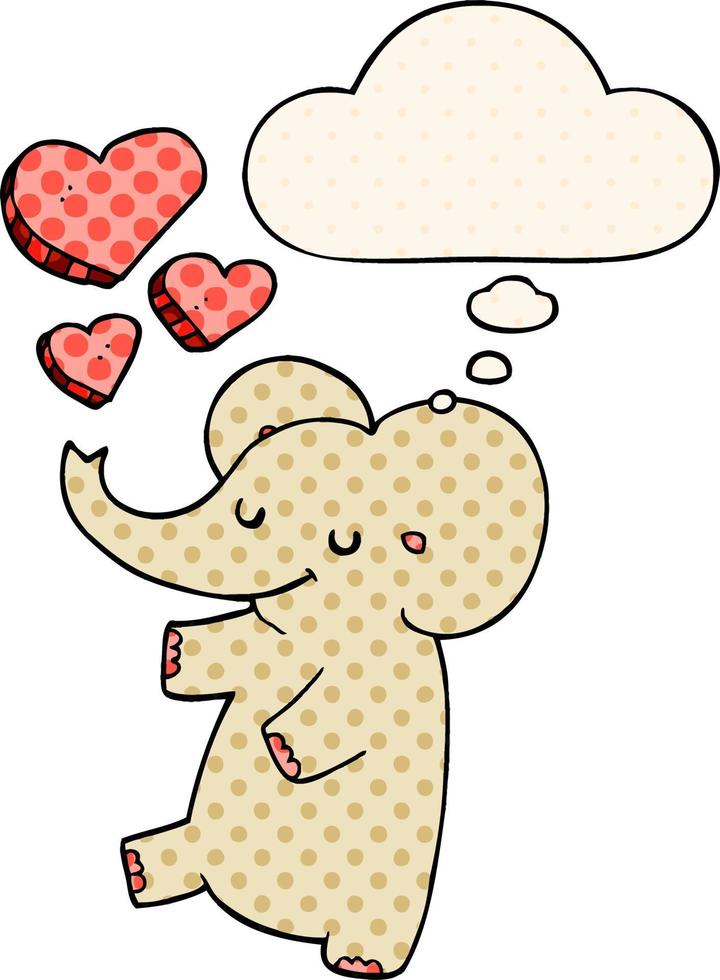 elefante cartone animato con cuori d'amore e bolla di pensiero in stile fumetto vettore
