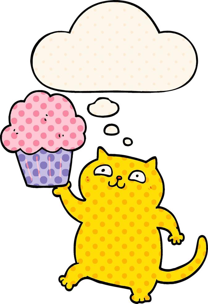 gatto cartone animato con cupcake e bolla di pensiero in stile fumetto vettore