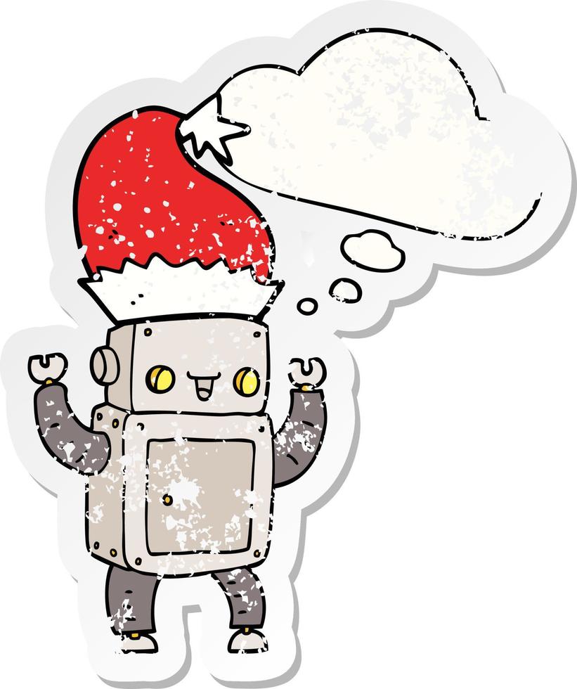 robot di Natale dei cartoni animati e bolla di pensiero come adesivo consumato in difficoltà vettore