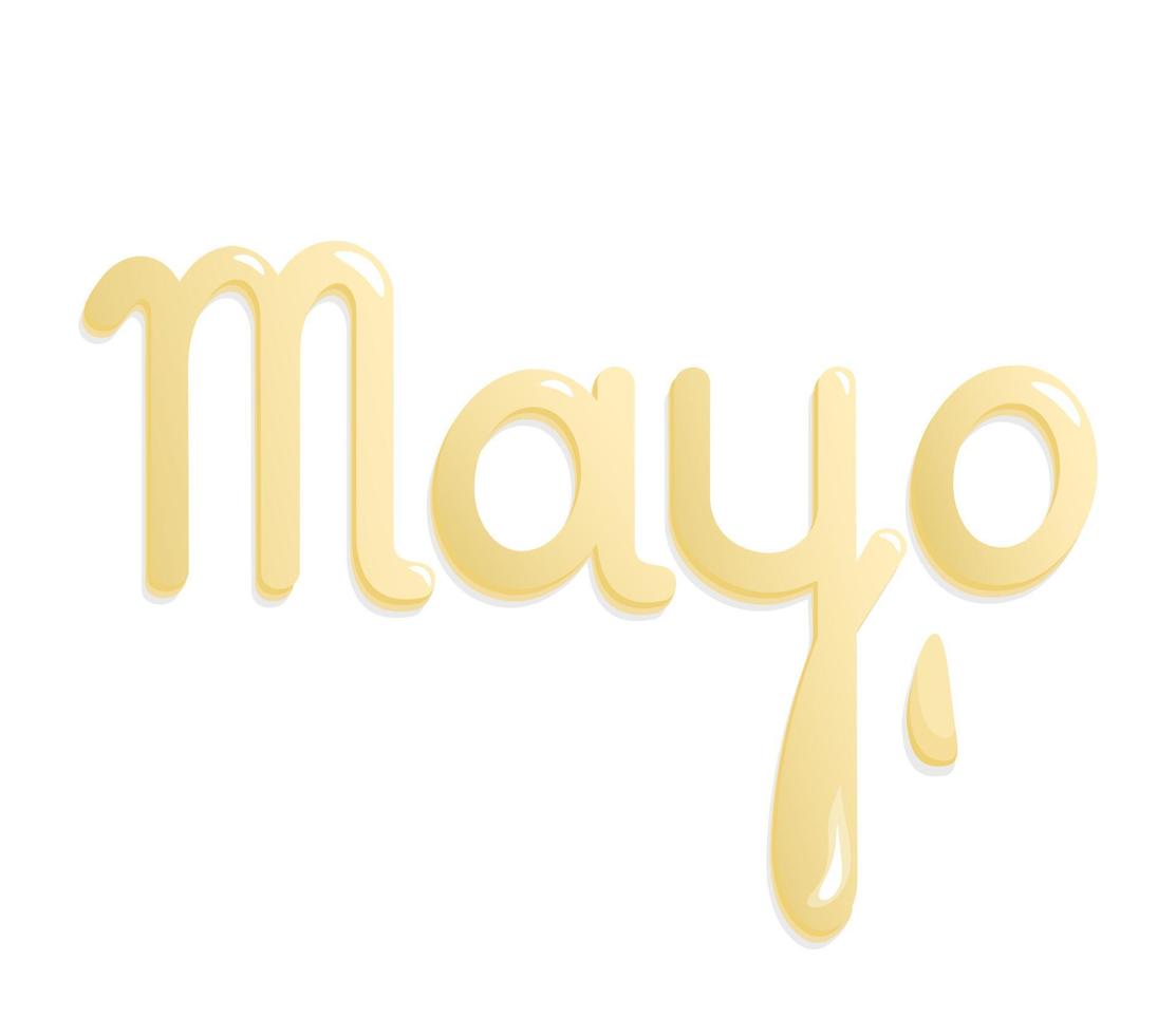 la scritta maionese cremoso di colore giallastro con una goccia di maionese. illustrazione vettoriale per un logo, un'etichetta o un banner.