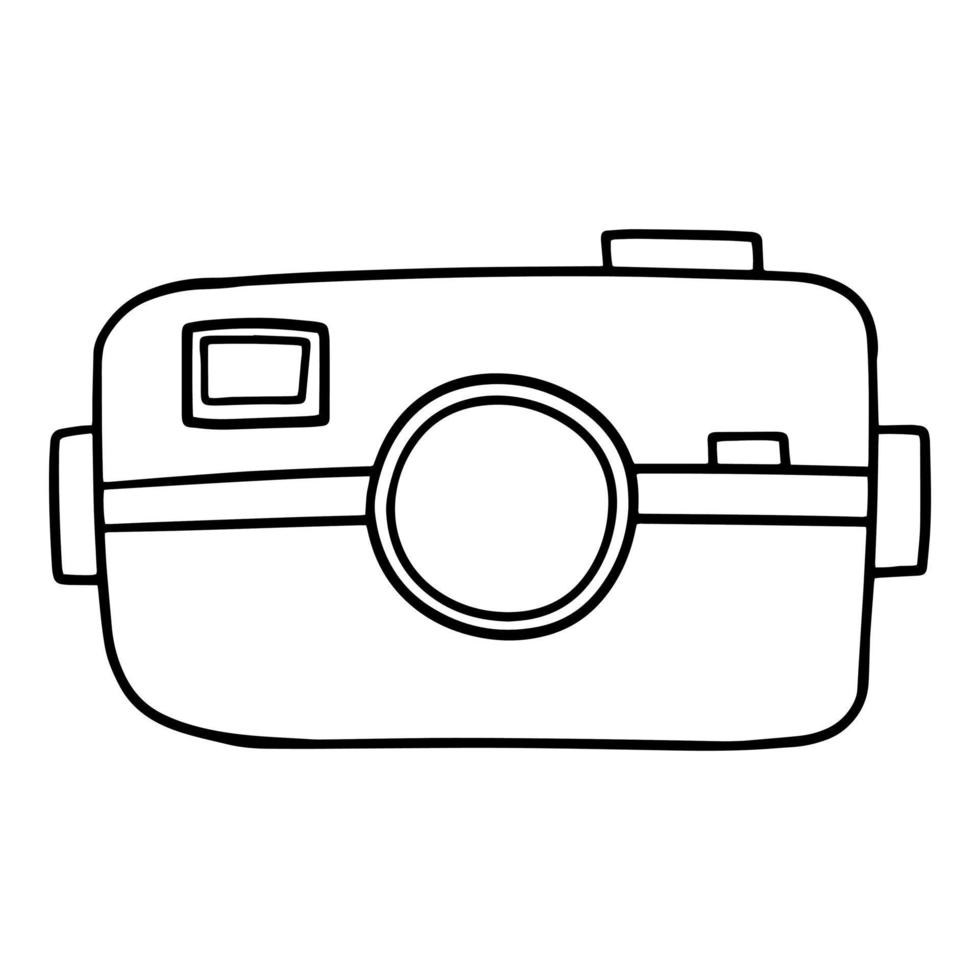 immagine monocromatica, fotocamera con obiettivo, per viaggi, illustrazione vettoriale cartone animato su sfondo bianco