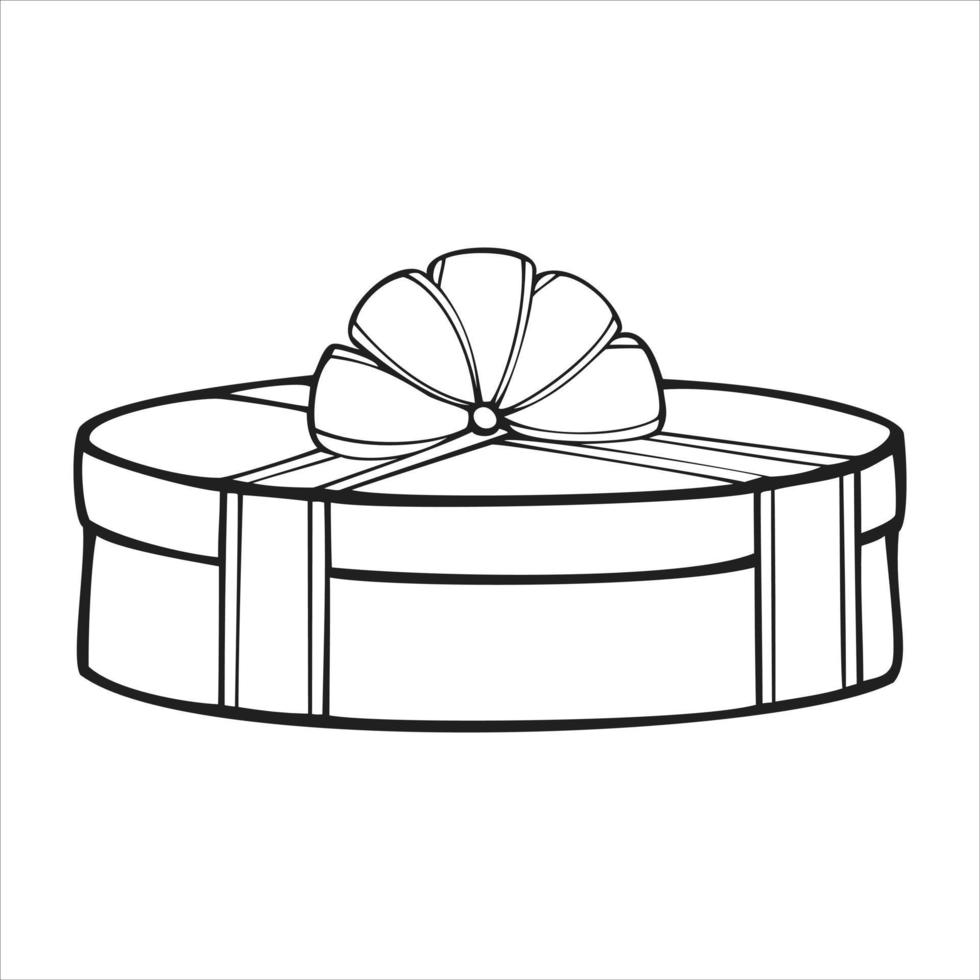 immagine monocromatica, grande confezione regalo rotonda con un bel nastro e fiocco, illustrazione vettoriale in stile cartone animato su sfondo bianco