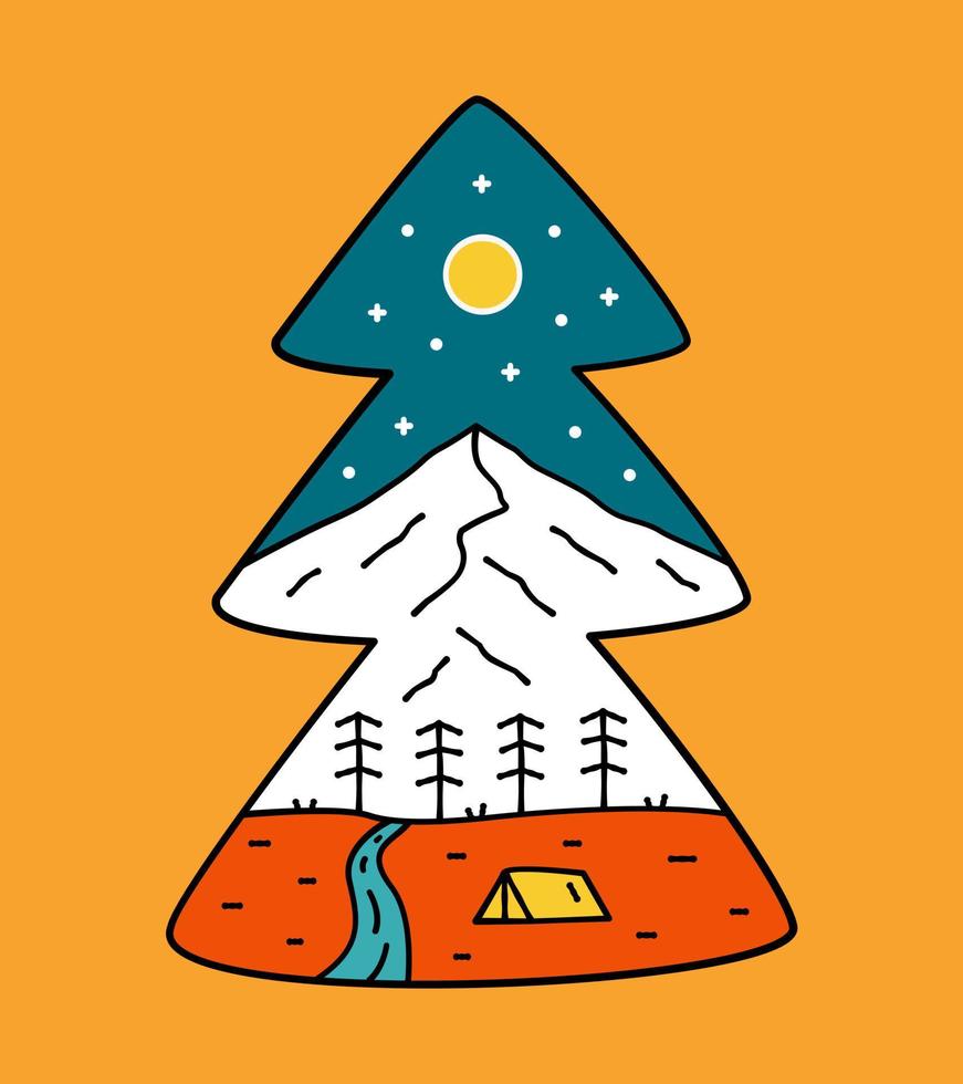 campeggio sulle montagne della natura in forma di pini design per badge, adesivi, toppe, design di magliette, ecc vettore
