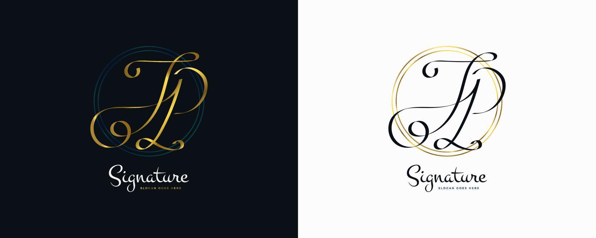 design del logo della firma iniziale jp con uno stile di scrittura a mano dorato elegante e minimalista. design iniziale del logo j e p per l'identità del marchio di matrimoni, moda, gioielli, boutique e business vettore