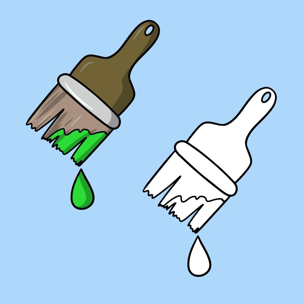 vernice liquida che gocciola, pennello largo con vernice verde, strumento di disegno, illustrazione vettoriale in stile cartone animato su sfondo colorato