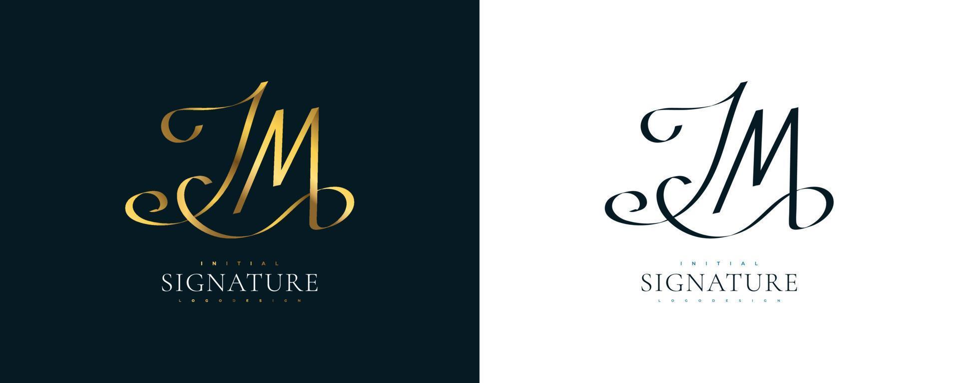 logo della firma iniziale jm con uno stile di scrittura dorato elegante e minimalista. design del logo iniziale j e m per l'identità del marchio di matrimoni, moda, gioielli, boutique e business vettore