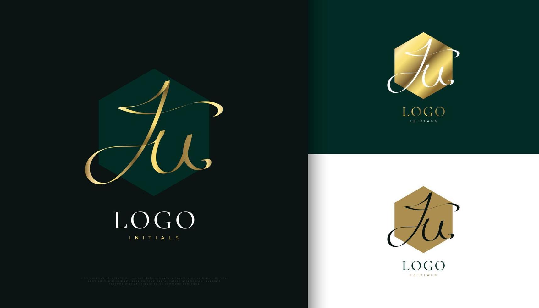ju design del logo della firma iniziale con uno stile di scrittura a mano dorato elegante e minimalista. logo iniziale j e u per matrimonio, moda, gioielli, boutique e identità del marchio aziendale vettore