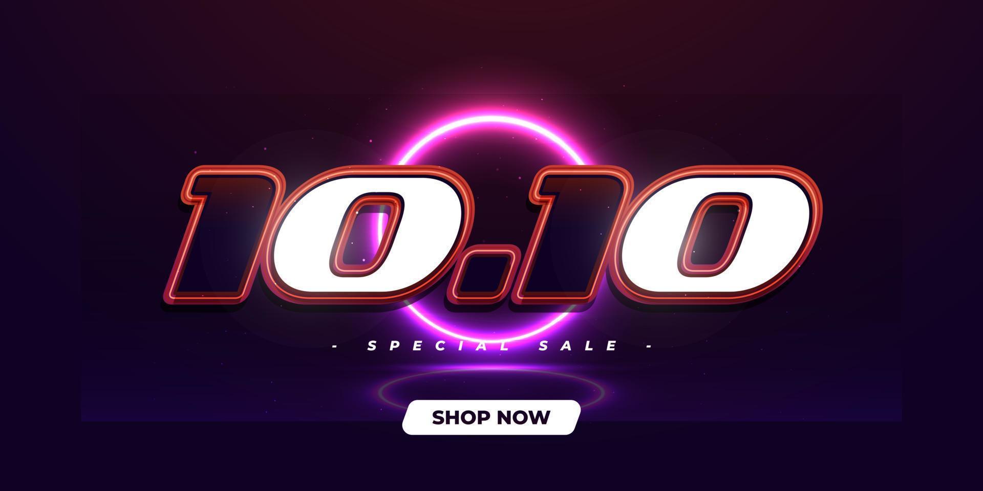 10.10 poster o banner del giorno dello shopping con neon luminoso su sfondo scuro. design del modello di banner di vendita per social media o sito Web. offerta speciale campagna di vendita e promozione vettore