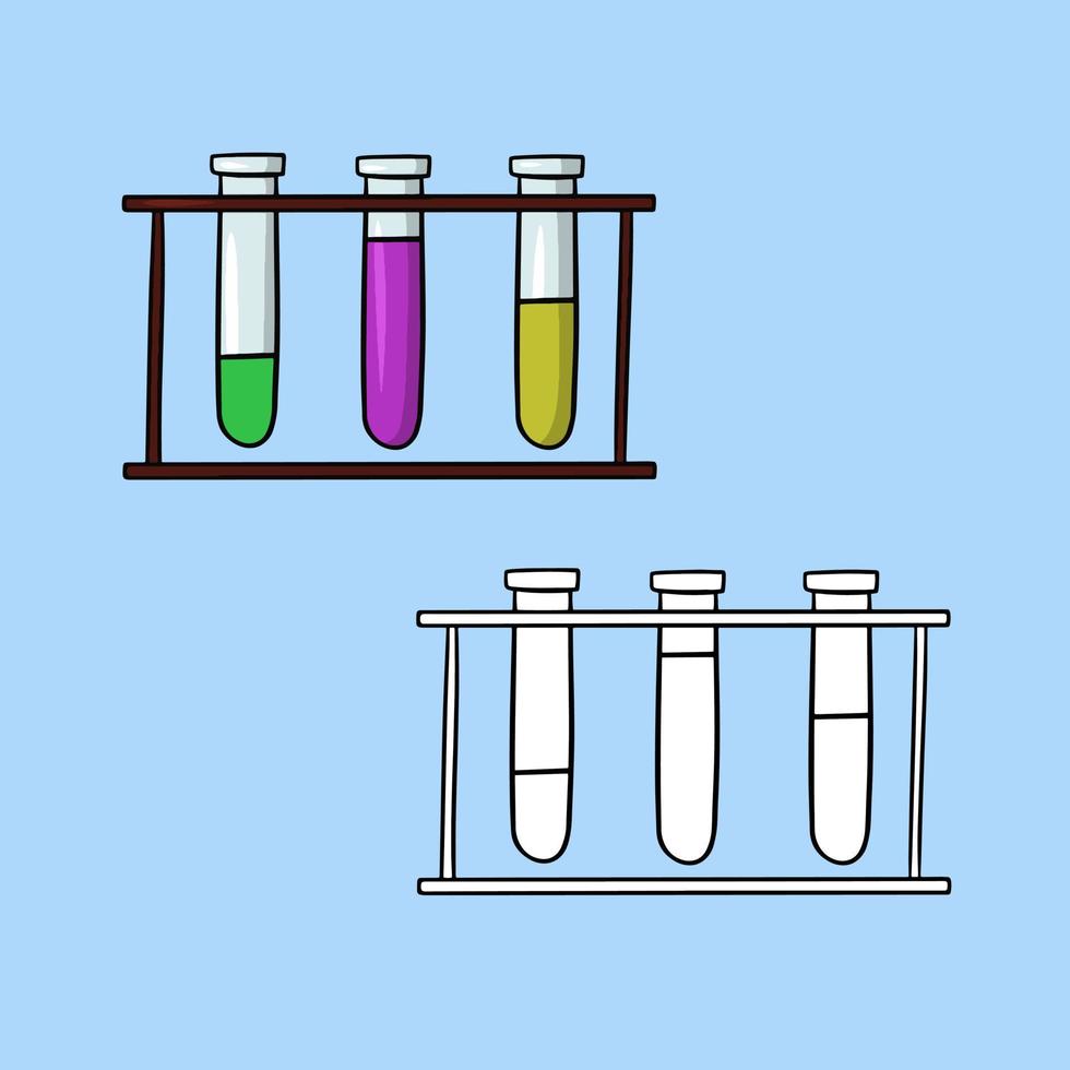 una serie di immagini, un esperimento chimico, un supporto in metallo con provette in vetro, un'illustrazione vettoriale in stile cartone animato su sfondo colorato
