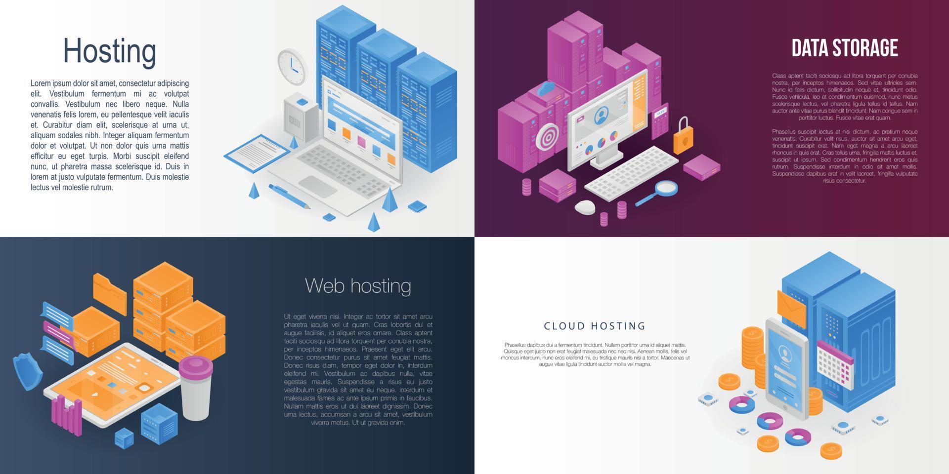 set di banner di hosting, stile isometrico vettore