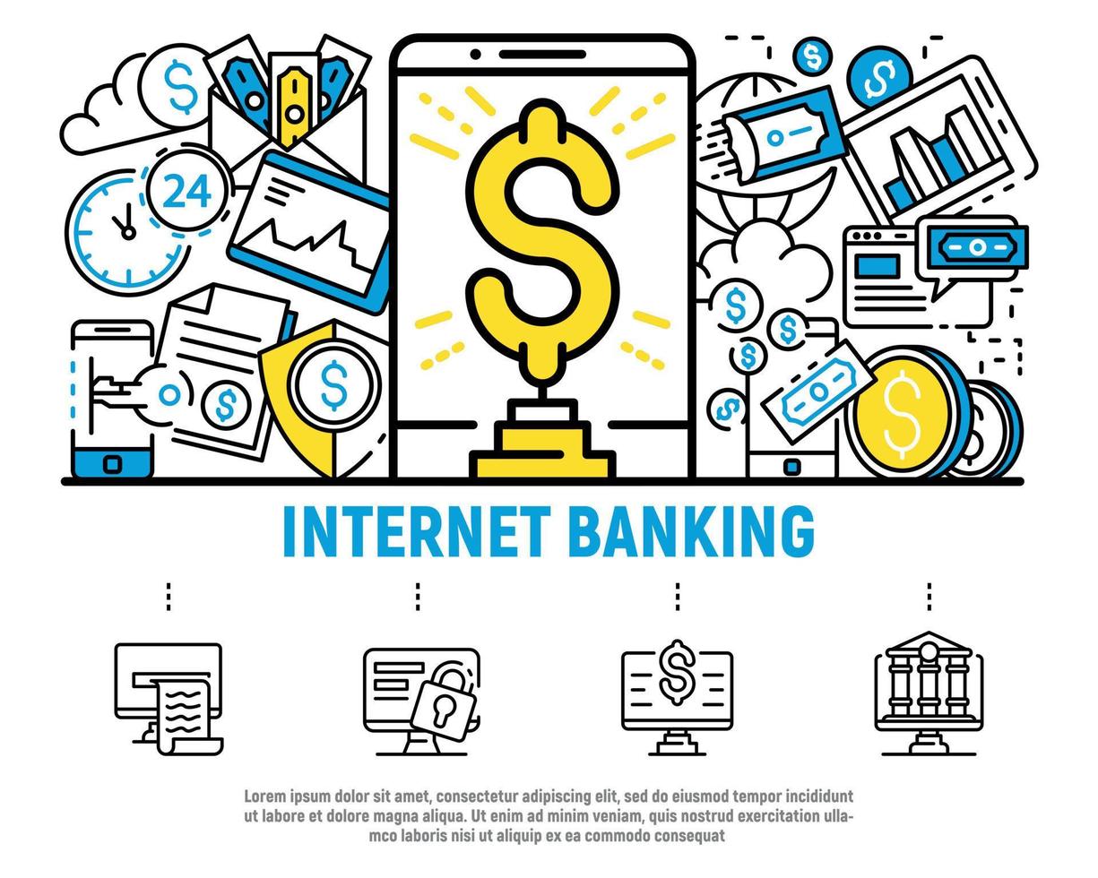 denaro internet banking concetto sfondo, stile contorno vettore