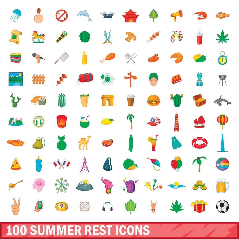 100 set di icone di riposo estivo, stile cartone animato vettore