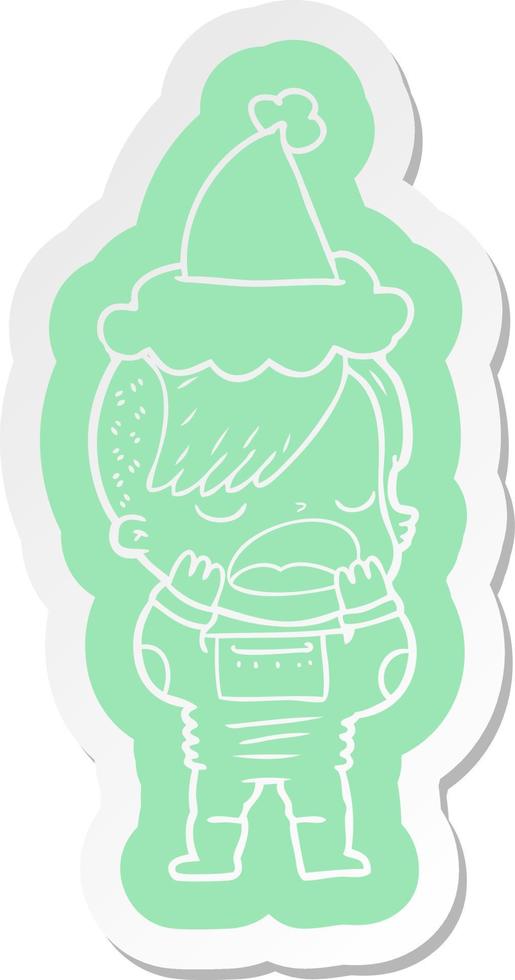 adesivo cartone animato di una ragazza cool hipster in tuta spaziale che indossa il cappello di Babbo Natale vettore