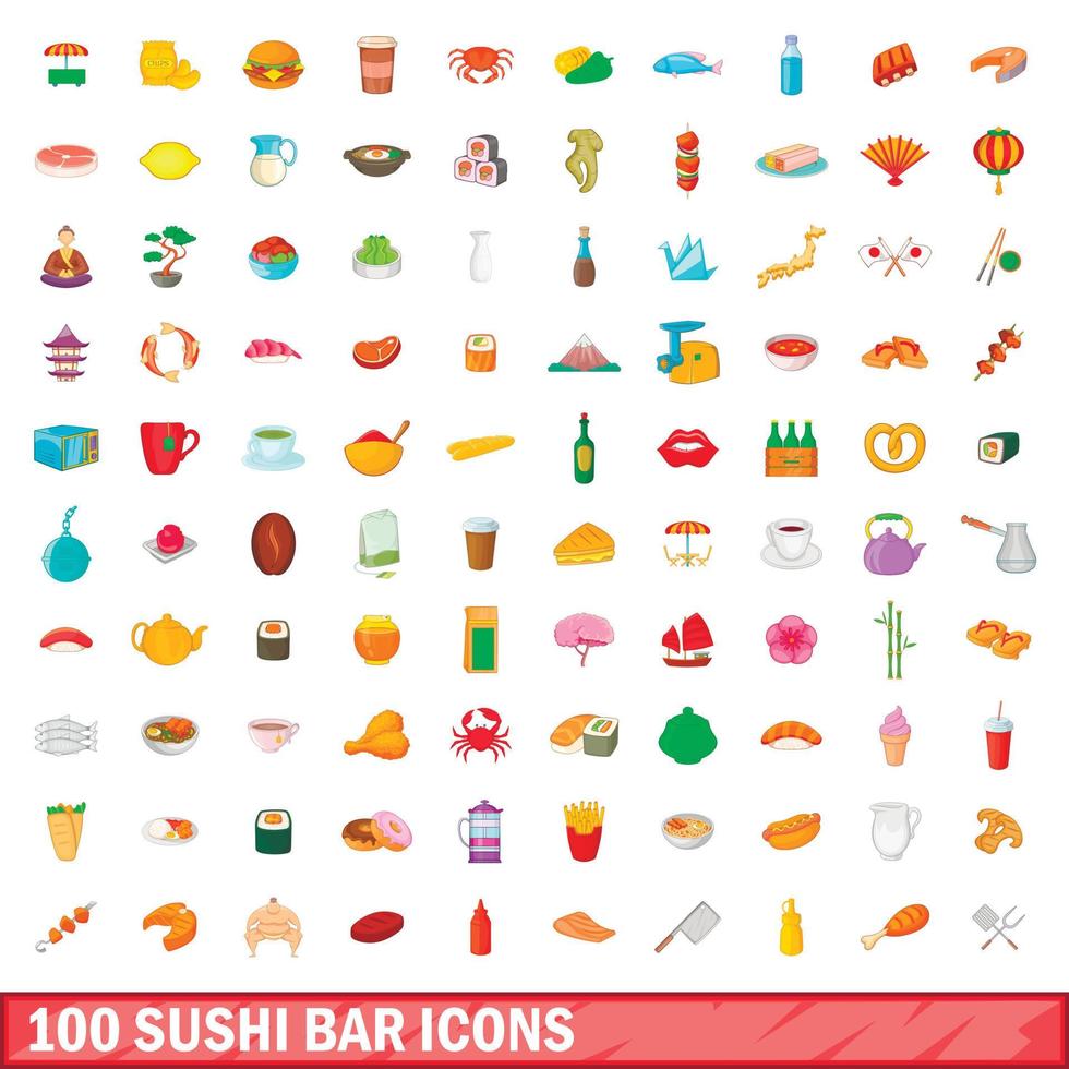 100 set di icone di sushi bar, stile cartone animato vettore