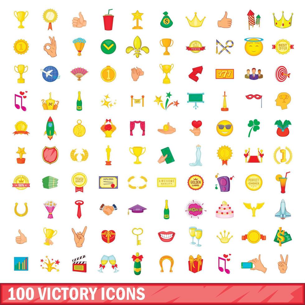 100 icone di vittoria impostate, stile cartone animato vettore