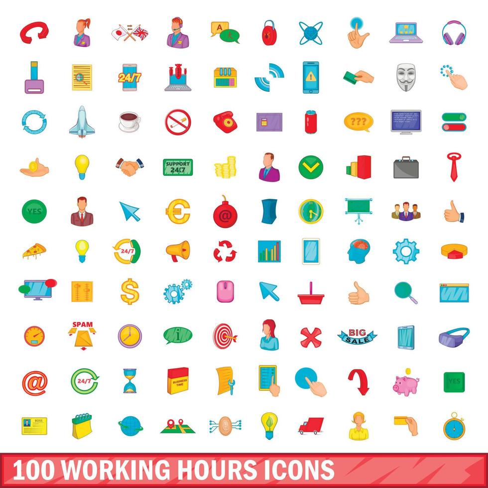 100 ore di lavoro set di icone, stile cartone animato vettore