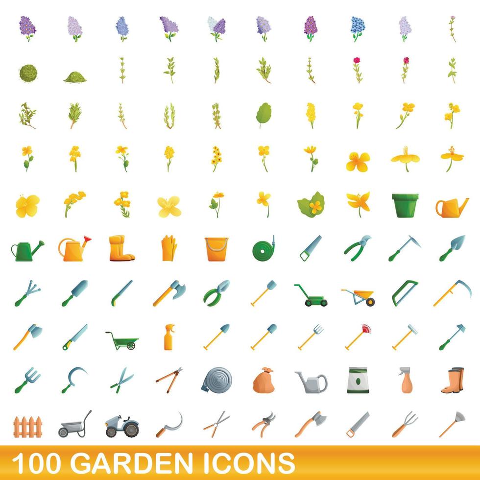 100 icone del giardino impostate, stile cartone animato vettore