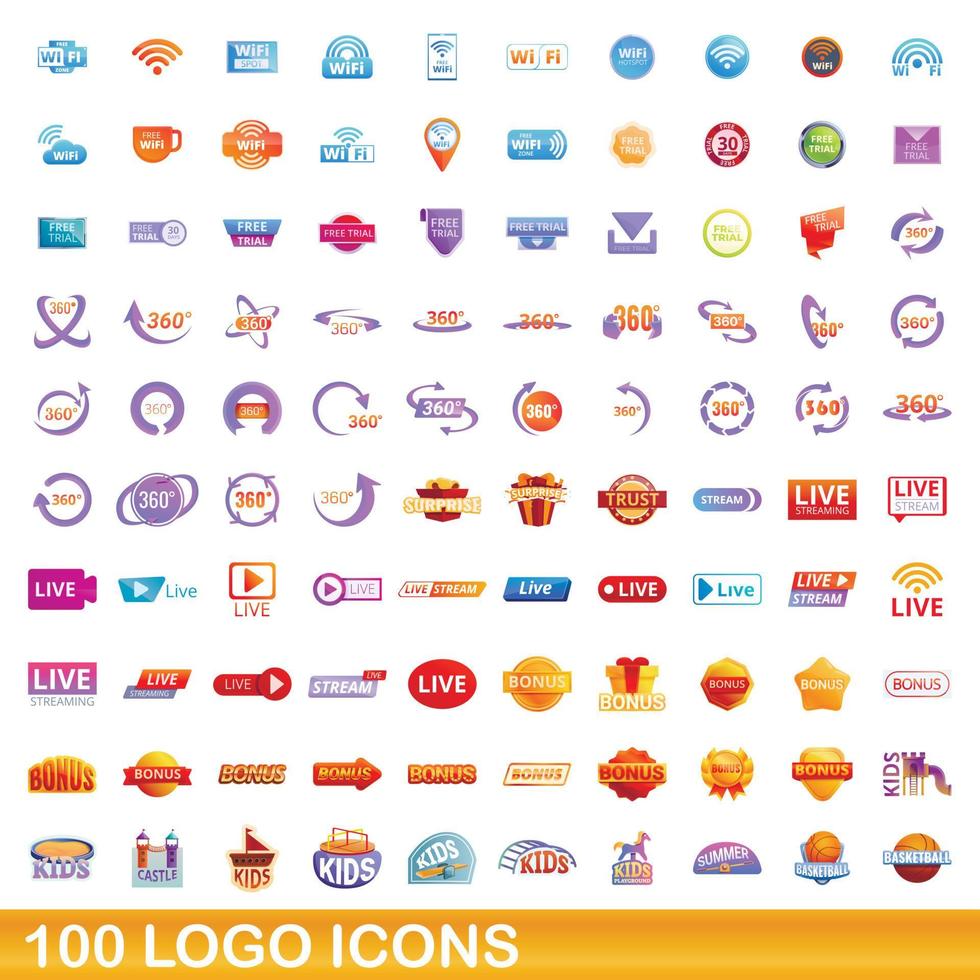 100 set di icone logo, stile cartone animato vettore