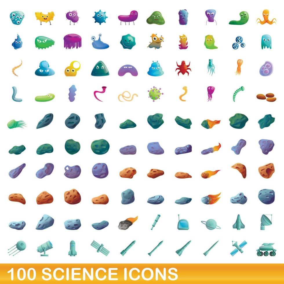 100 icone di scienza impostate, stile cartone animato vettore