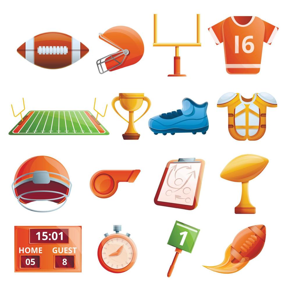 set di icone dell'attrezzatura da football americano, stile cartone animato vettore