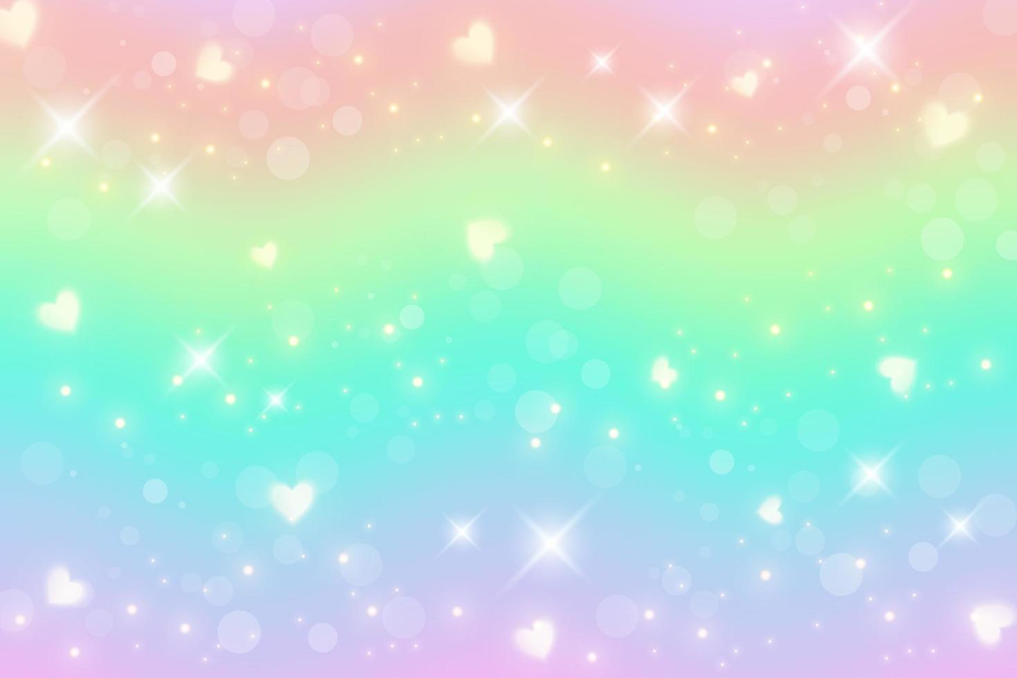 sfondo fantasia arcobaleno con cuori e stelle. illustrazione olografica in colori pastello. carta da parati unicorno simpatico cartone animato. luminoso cielo multicolore. vettore. vettore