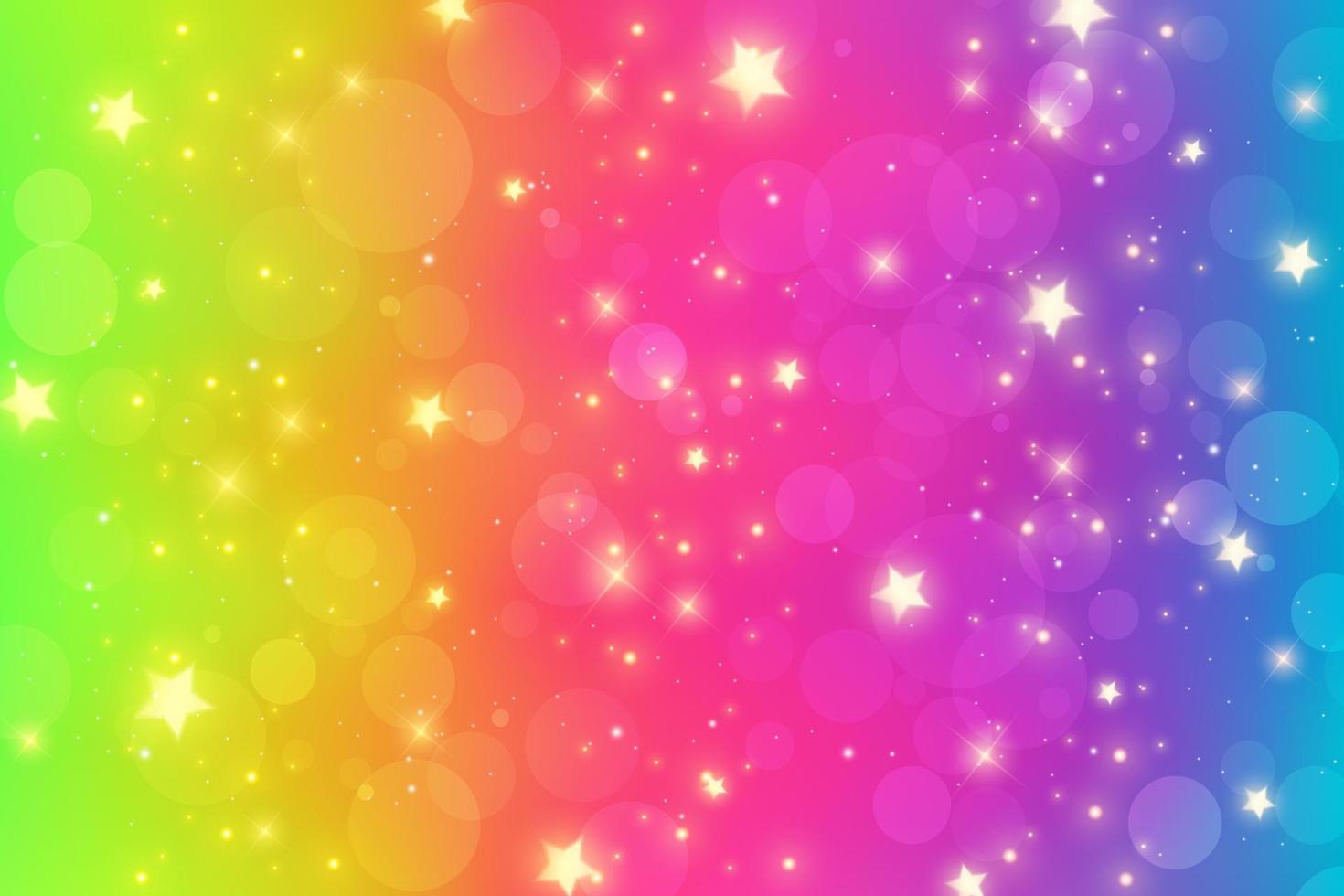 sfondo fantasia arcobaleno. cielo multicolore luminoso con scintillii di stelle e bokeh. illustrazione ondulata olografica. vettore. vettore
