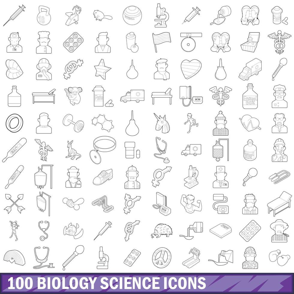 100 icone di scienze biologiche impostate, stile contorno vettore