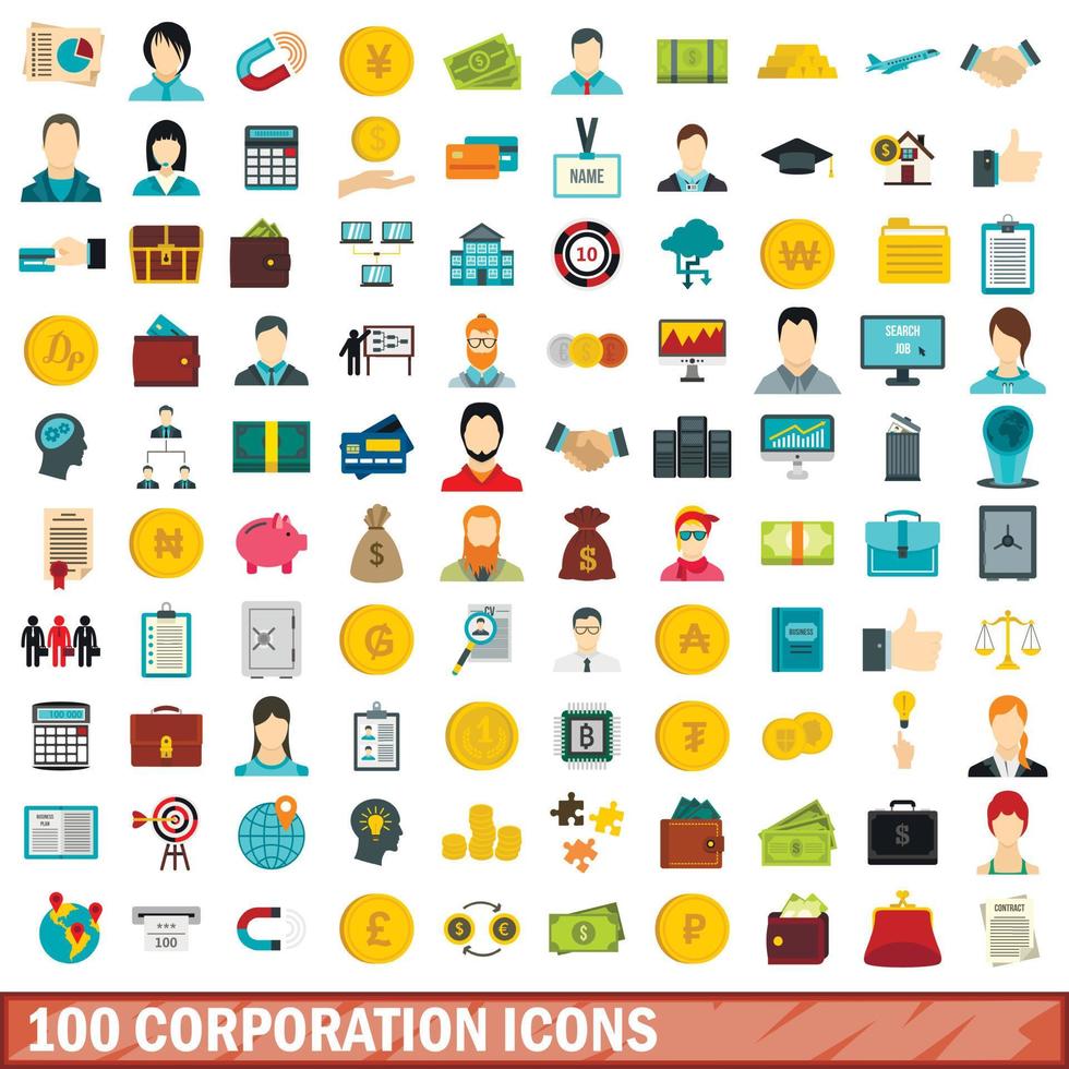 100 icone di società impostate, stile piatto vettore