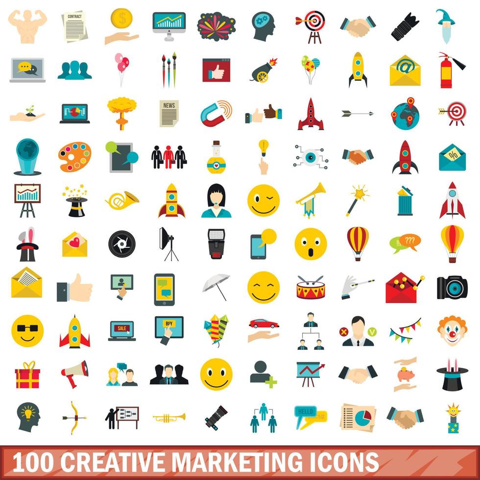 100 set di icone di marketing creativo, stile piatto vettore