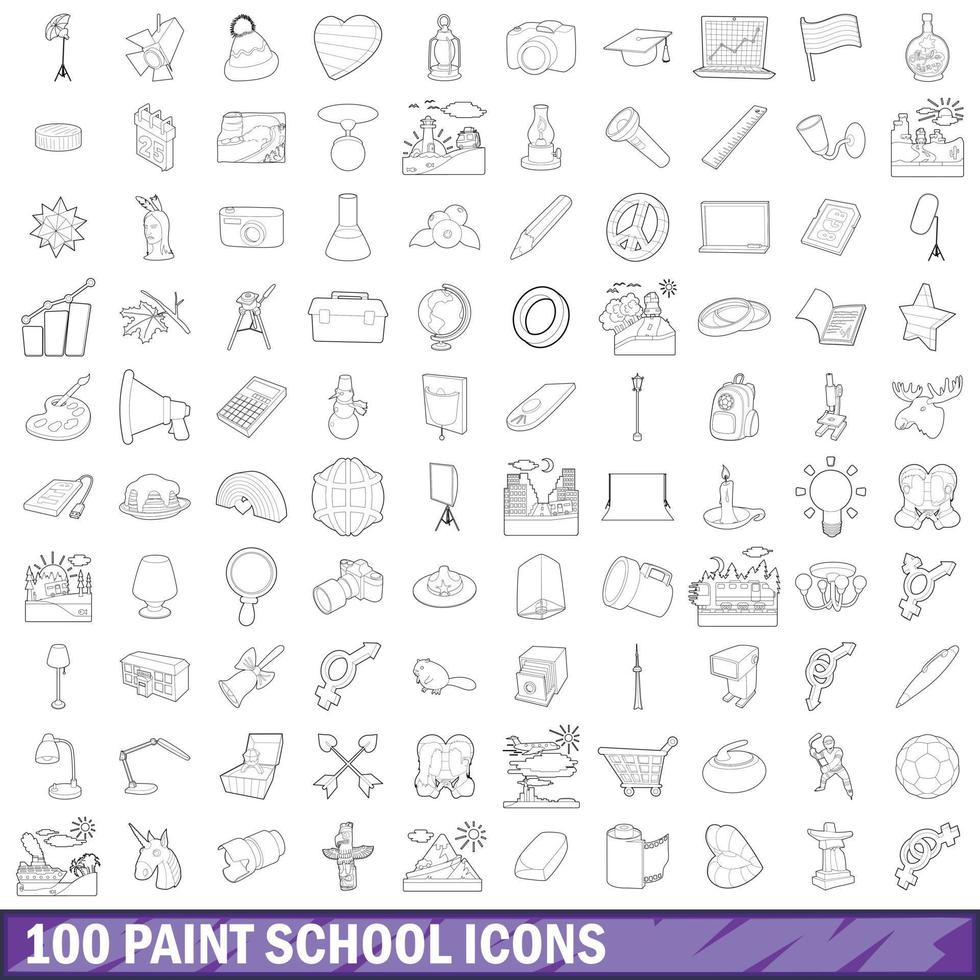 100 set di icone della scuola di pittura, stile contorno vettore