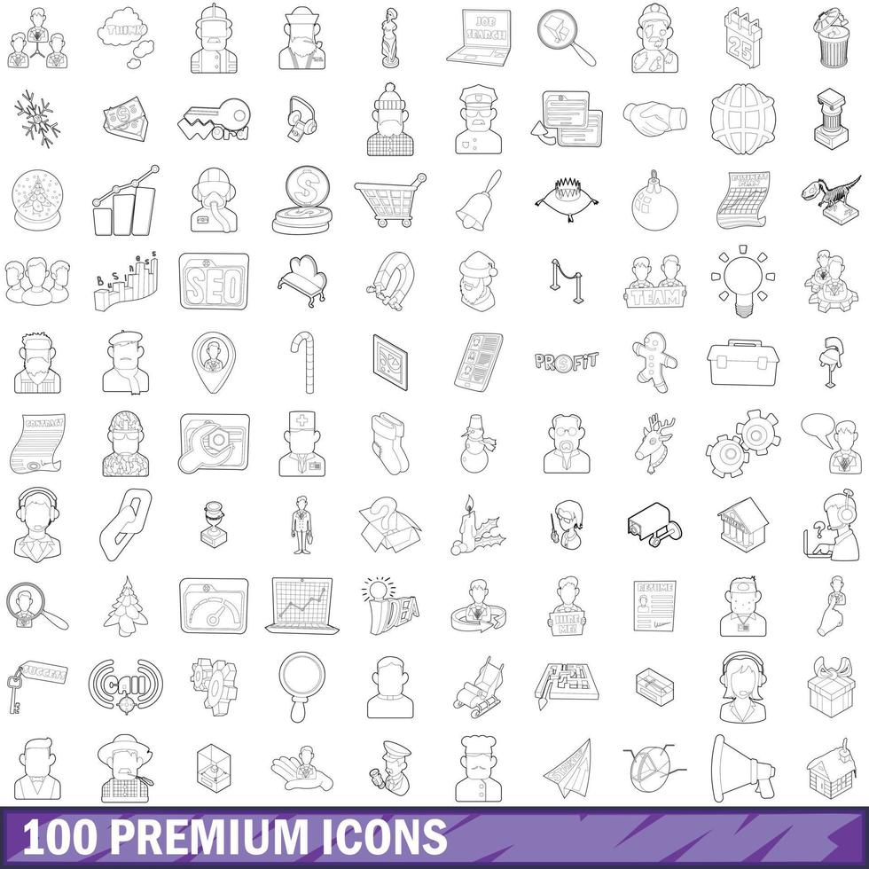 100 icone premium impostate, stile contorno vettore