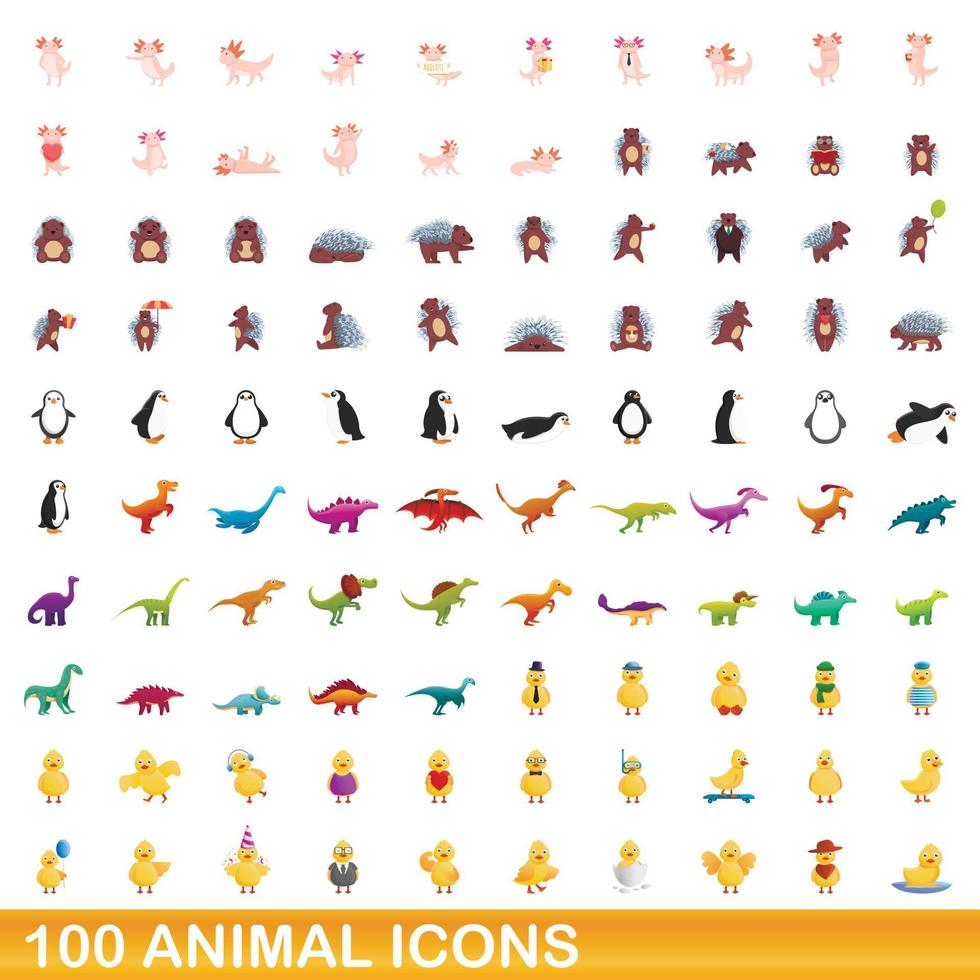 100 icone animali impostate, stile cartone animato vettore