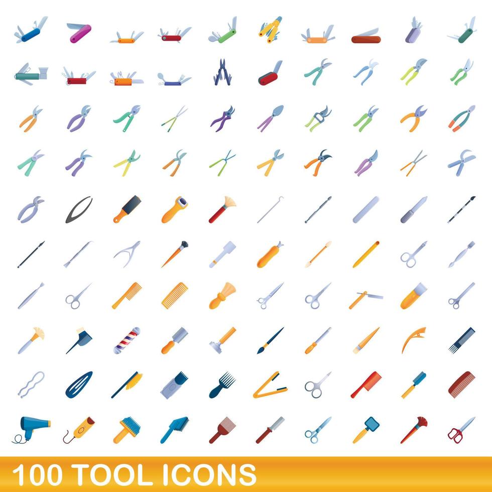100 icone degli strumenti impostate, stile cartone animato vettore