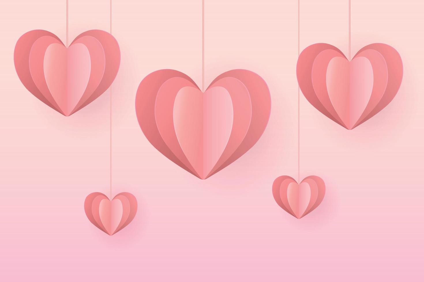 elementi intagliati in carta a forma di cuore appesi su sfondo rosa. simboli d'amore per San Valentino, donne felici, festa della mamma, biglietto di auguri di compleanno in vettoriale