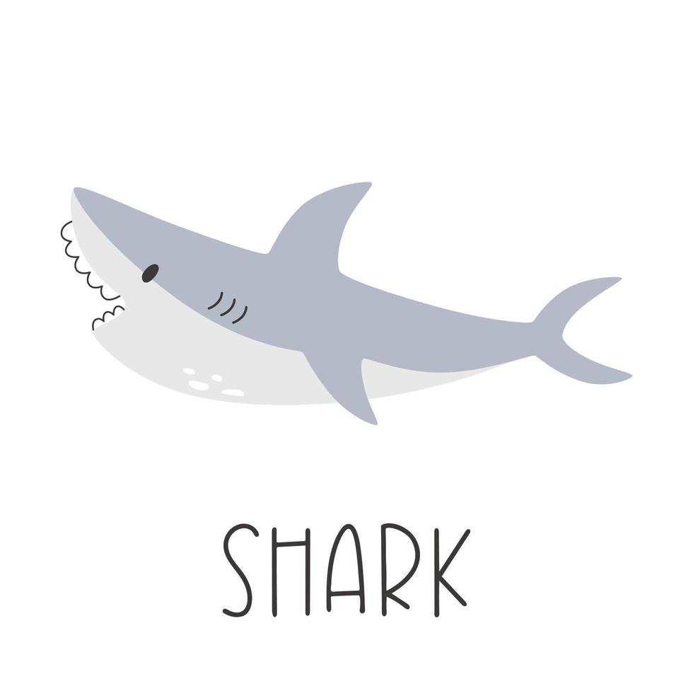 squalo giocoso grigio cartone animato in stile piatto. illustrazione vettoriale di un animale marino predatore