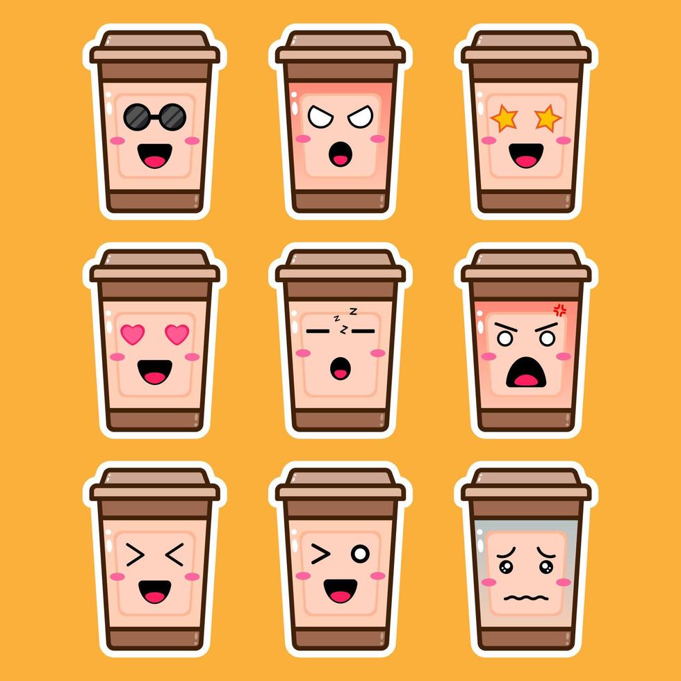 personaggio dei cartoni animati della tazza di caffè con diverse emozioni. perfetto per la decorazione di adesivi. vettore