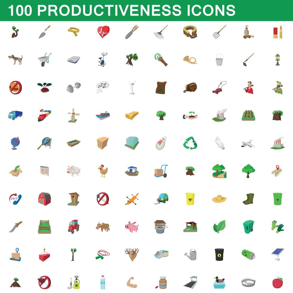 100 icone di produttività impostate, stile cartone animato vettore
