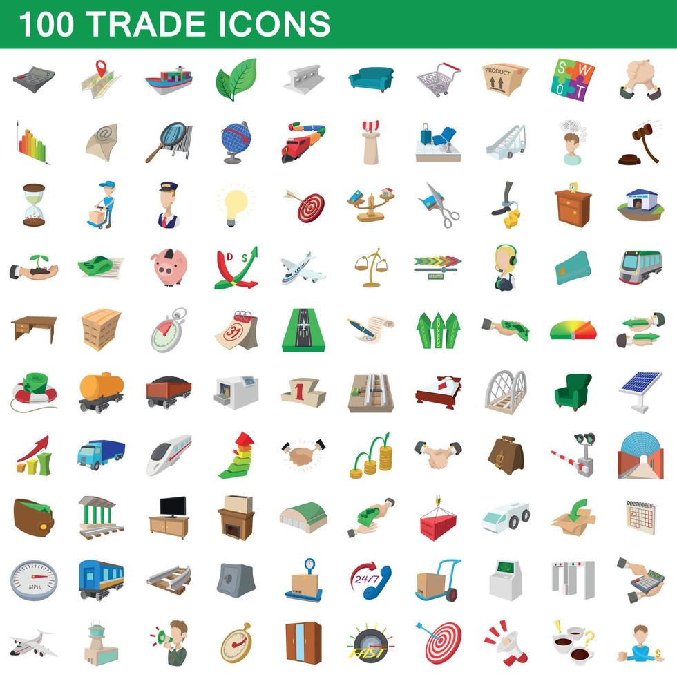 100 set di icone commerciali, stile cartone animato vettore