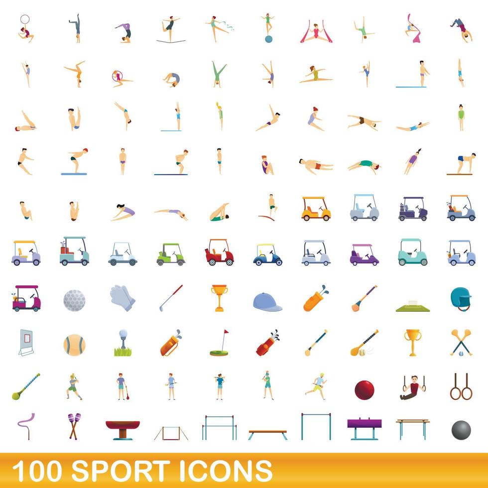 100 icone di sport impostate, stile cartone animato vettore