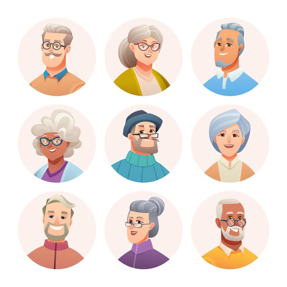 raccolta di personaggi avatar di persone anziane. avatar di vecchi umani in stile cartone animato vettore