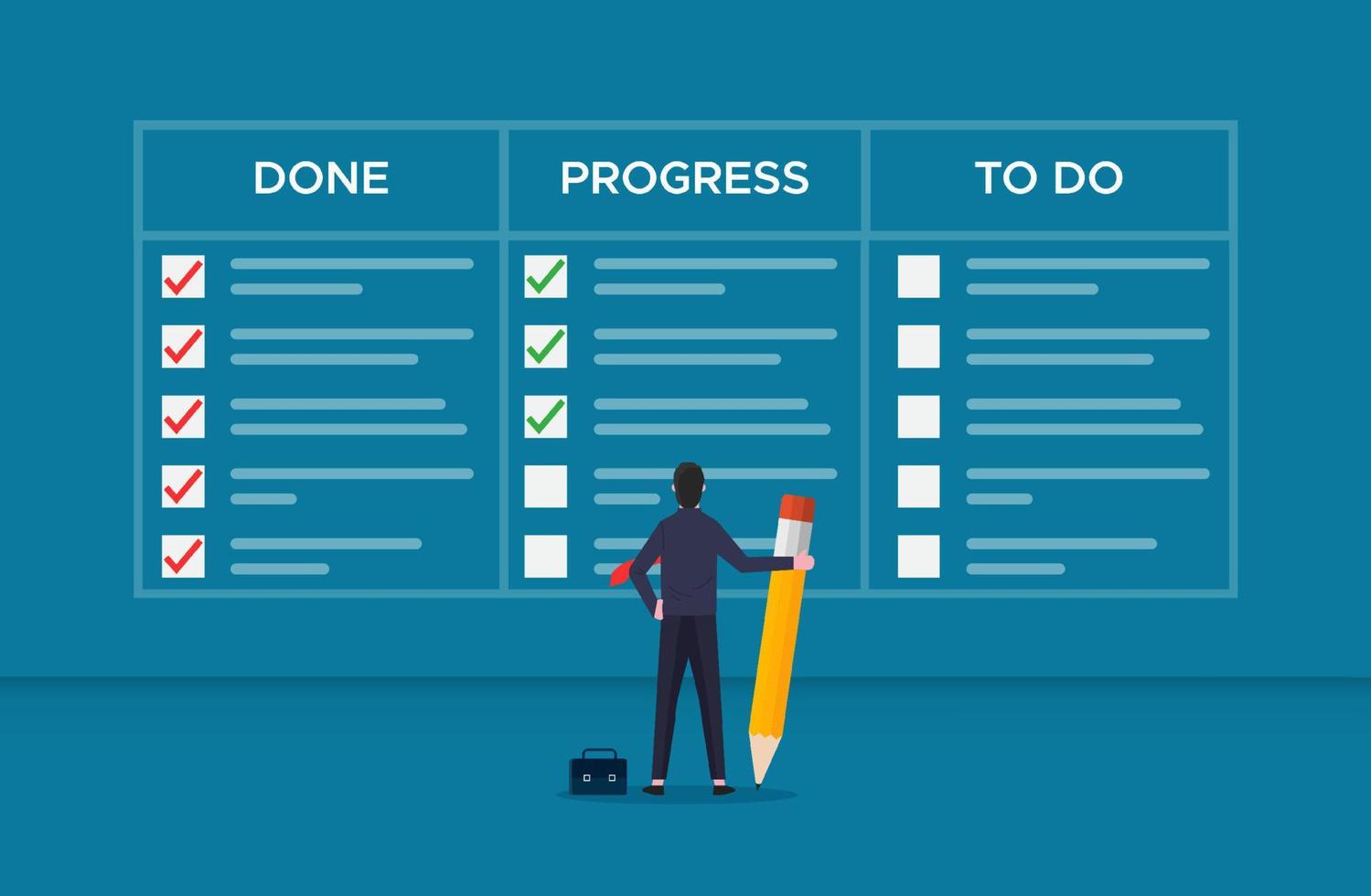 concetto di gestione delle attività. uomo d'affari che riempie la lista di controllo sulla scheda delle attività di Scrum, illustrazione vettoriale