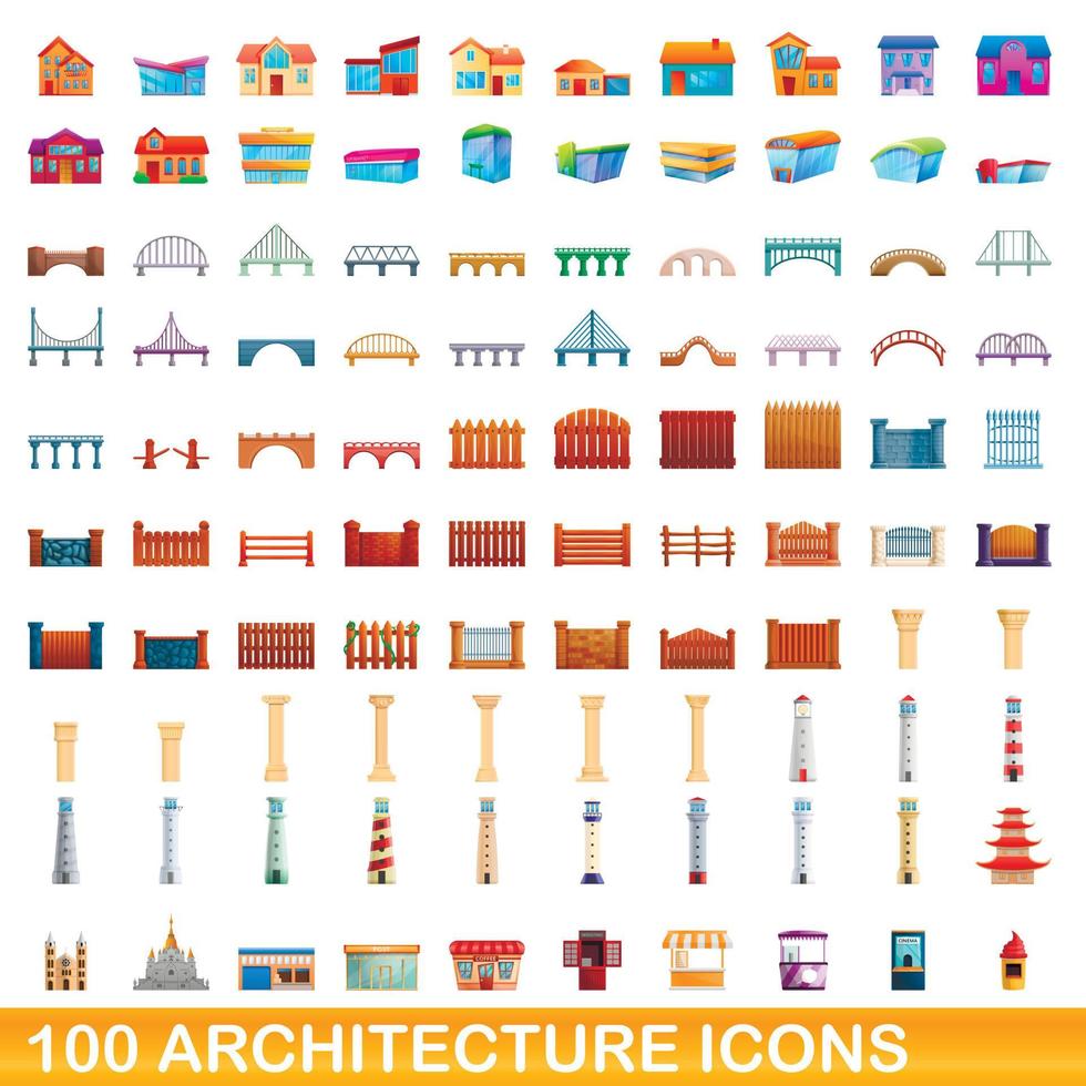 100 icone di architettura impostate, stile cartone animato vettore