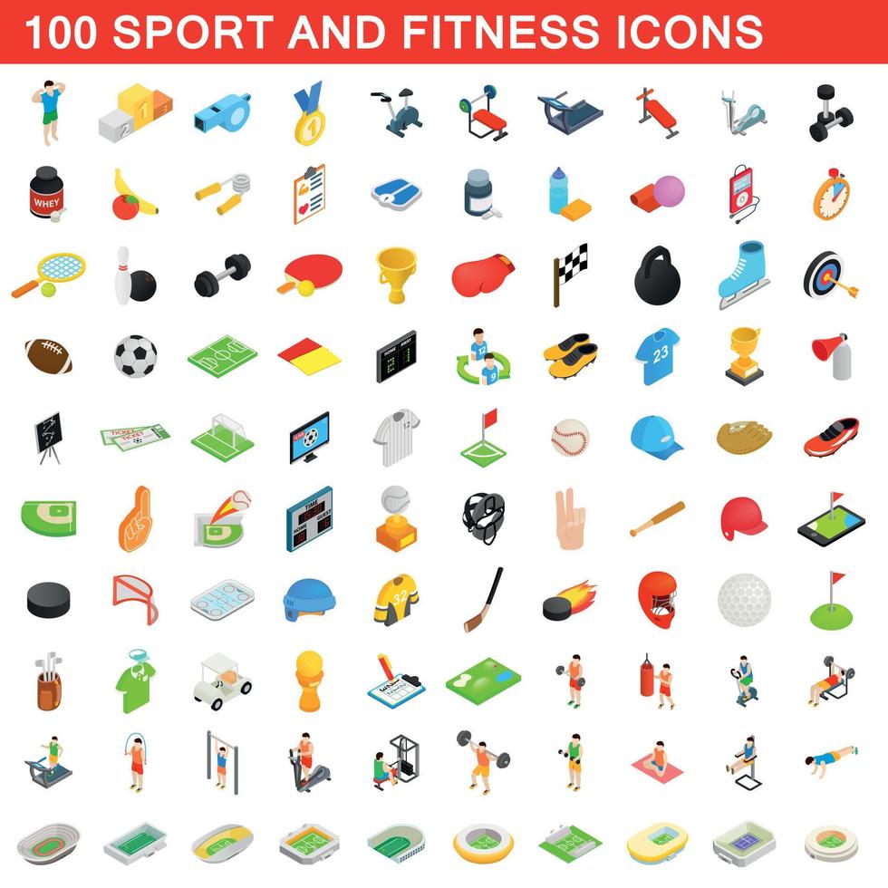 100 set di icone di sport e fitness, stile isometrico vettore