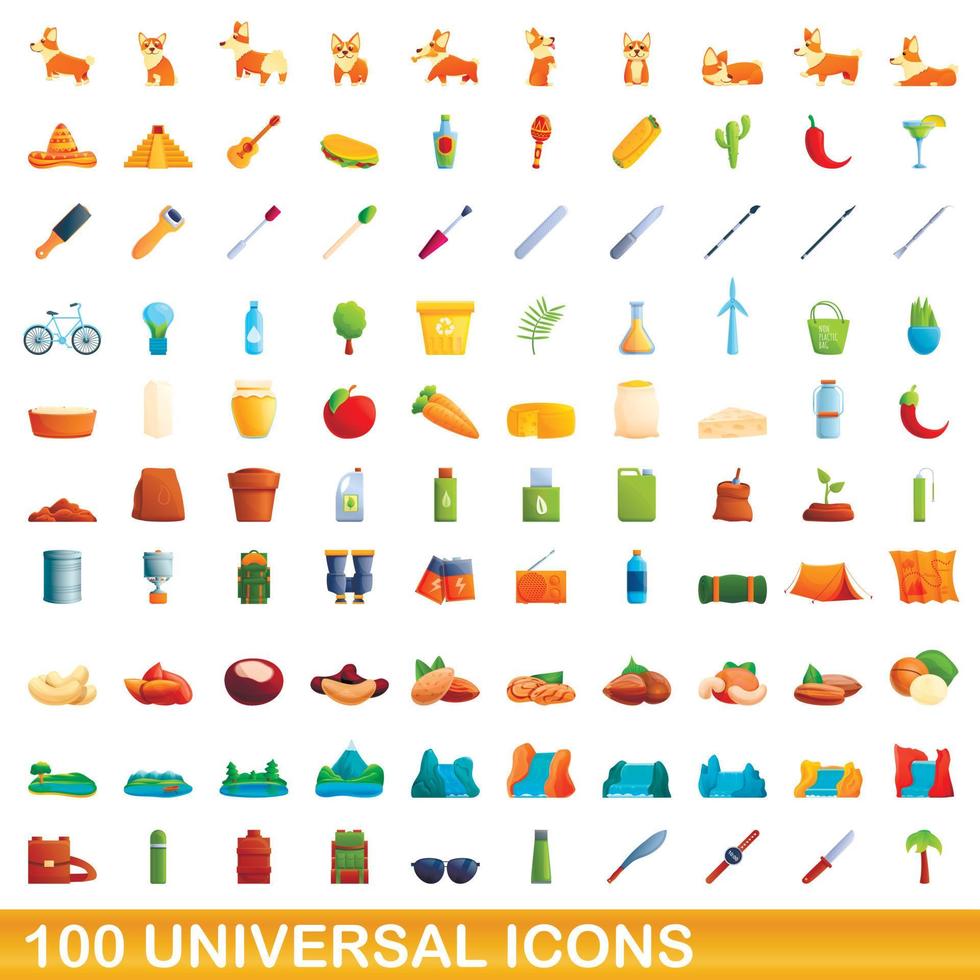 100 icone universali impostate, stile cartone animato vettore