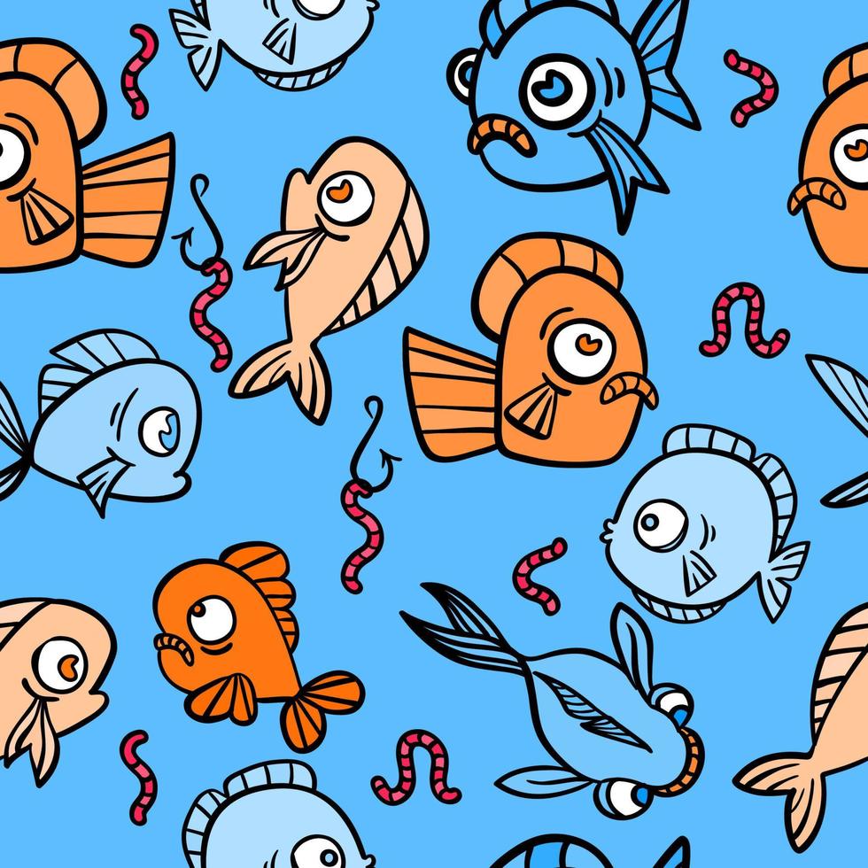 modello senza cuciture con pesci divertenti disegnati a mano in stile schizzo, illustrazione vettoriale, marino decorativo con bolla e vermi. vettore