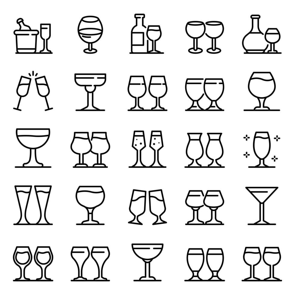 set di icone di bicchiere di vino, stile contorno vettore
