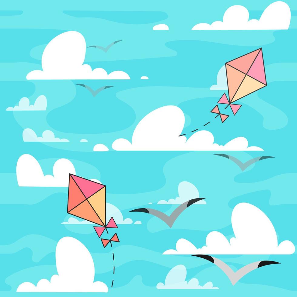 illustrazione del fumetto, aquilone nel cielo con nuvole e uccelli, gabbiani, motivo. vettore. vettore
