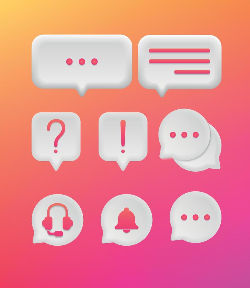 neumorfismo stile di pensiero segno simbolo. set di icone 3d parla di testo a bolle, casella di chat, finestra di messaggio, domanda, squillo del campanello, supporto di un disegno realistico di illustrazione vettoriale. sullo sfondo rosa. vettore
