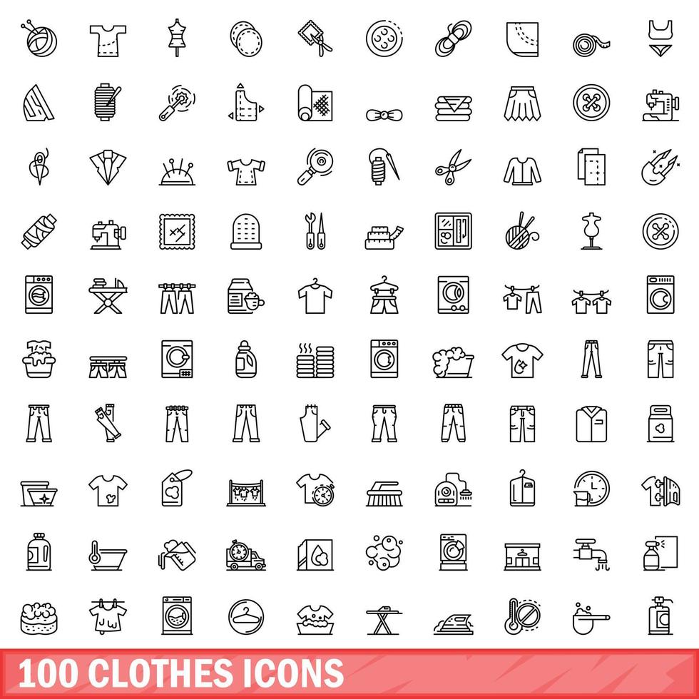 100 icone di vestiti impostate, stile contorno vettore